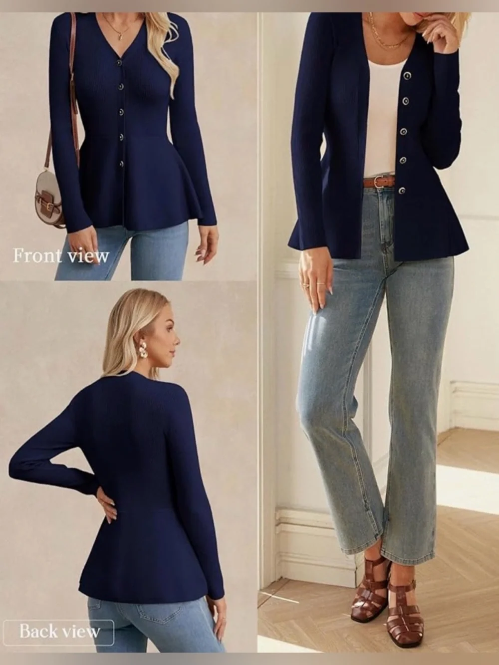 Navy Ribbed Peplum Button Front Top - Picture 3 of 4